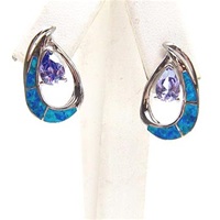 Silver Earring with Inlay Created Opal and Tanzanite CZ