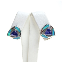 Silver Earring with Inlay Created Opal and Tanzanite CZ