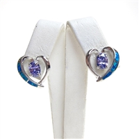 Silver Earring with Inlay Created Opal and Tanzanite CZ