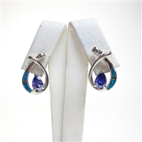 Silver Earring with Inlay Created Opal and Tanzanite CZ