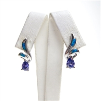 Silver Earring with Inlay Created Opal and Tanzanite CZ