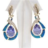 Silver Earrings (Gold Plated) with Inlay Created Opal, White & Tanzanite CZ