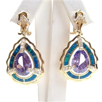 Silver Earrings (Gold Plated) with Inlay Created Opal, White & Tanzanite CZ