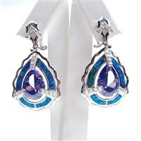 Silver Earring with Inlay Created Opal, White and Tanzanite CZ