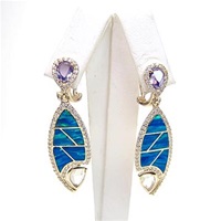 Silver Earring (Gold Plated) with Inlay Created Opal, Lemontrine, White & Tanzanite CZ