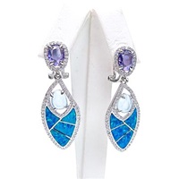 Silver Earring with Inlay Created Opal, Syn. Chalcedony, White & Tanzanite CZ