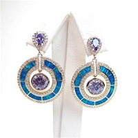 Silver Earring (Gold Plated) with Inlay Created Opal,  White & Tanzanite CZ