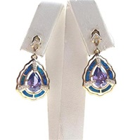 Silver Earring (Gold Plated) with Inlay Created Opal, White and Tanzanite CZ