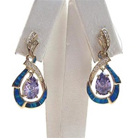 Silver Earring (Gold Plated) with Inlay Created Opal, White and Tanzanite CZ