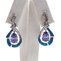 Silver Earring with Inlay Created Opal, White and Tanzanite CZ