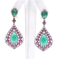 Silver Earring (Gold & Black Rhodium Plated) w/ White, Ruby & Green Agate Color CZ