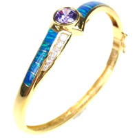 Silver Bangle (Gold Plated) w/ Inlay Created Opal, White & Tanzanite CZ