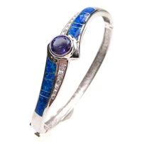 Silver Bangle (Rhodium Plated) w/ Inlay Created Opal, White & Tanzanite CZ