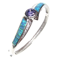 Silver Bangle  w/ Inlay Created Opal, White & Tanzanite CZ