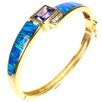 Silver Bangle (Gold Plated) w/ Inlay Created Opal, White & Tanzanite CZ