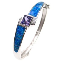 Silver Bangle (Rhodium Plated) with Inlay Created Opal, White & Tanzanite CZ