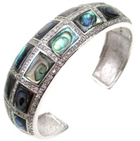 Silver Bangle (Rhodium Plated) w/ White CZ & Abalone Shell Inlay