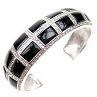 Silver Bangle (Rhodium Plated) w/ White CZ & Onyx Inlay