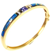 Silver Bangle (Gold Plated) w/ Inlay Created Opal, White & Tanzanite CZ