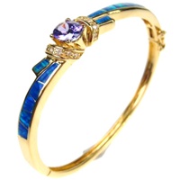 Silver Bangle (Gold Plated) w/ Inlay Created Opal, White & Tanzanite CZ