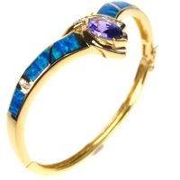 Silver Bangle (Gold Plated) w/ Inlay Created Opal, White & Tanzanite CZ