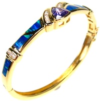 Silver Bangle (Gold Plated) w/ Inlay Created Opal, White & Tanzanite CZ