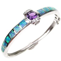 Silver Bangle (Rhodium Plated) w/ Inlay Created Opal, White & Amethyst CZ