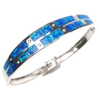 Silver Bangle with Inlay Created Opal and White CZ