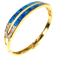 Silver Bangle (Gold Plated) w/ Inlay Created Opal and White CZ