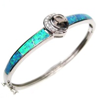 Silver Bangle (Rhodium Plated) w/ Inlay Created Opal, White & Smoky Topaz CZ