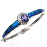 Silver Bangle (Rhodium Plated) w/ Inlay Created Opal, White & Tanzanite CZ