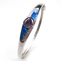 Silver Bangle with Inlay Opal, White & Tanzanite CZ