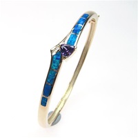 Silver Bangle (Gold Plated) with Inlay Created Opal, White & Tanzanite CZ