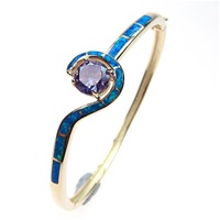 Silver Bangle (Gold Plated) with Inlay Created Opal & Tanzanite CZ