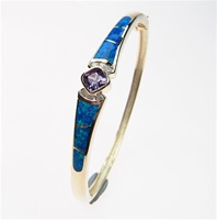 Silver Bangle (Gold Plated) with Inlay Created Opal, White & Tanzanite CZ