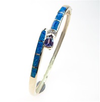 Silver Bangle (Gold Plated) with Inlay Created Opal, White & Tanzanite CZ