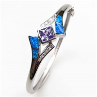 Silver Bangle with Inlay Opal, White & Tanzanite CZ