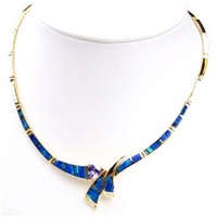 Silver Necklace (Gold Plated) W/ Inlay Created Opal and Tanzanite & White CZ