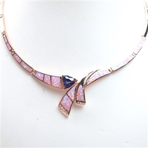Rose Gold Plated Silver Necklace with Inlay Created Opal, White & Tanzanite CZ
