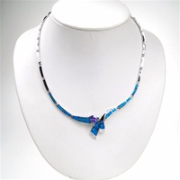 Silver Necklace (Rhodium Plated) w/ Inlay Created Opal, White & Tanzanite CZ