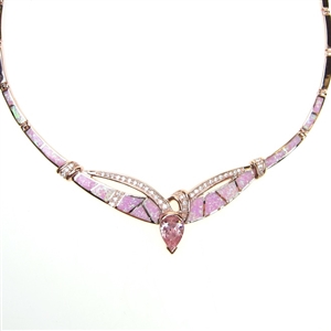 Rose Gold Plated Silver Necklace with Inlay Created Opal, White & Pink CZ