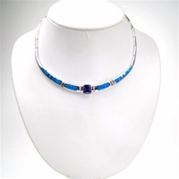 Silver Necklace (Rhodium Plated) w/ Inlay Created Opal, White & Tanzanite CZ