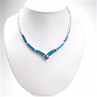 Silver Necklace (Rhodium Plated) w/ Inlay Created Opal & Tanzanite CZ