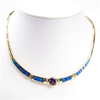 Silver Necklace (Gold Plated) W/ Inlay Created Opal and Tanzanite & White CZ