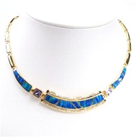 Silver Necklace (Gold Plated) W/ Inlay Created Opal, Tanzanite & White CZ