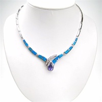 Silver Necklace (Rhodium Plated) w/ Inlay Created Opal, White & Tanzanite CZ