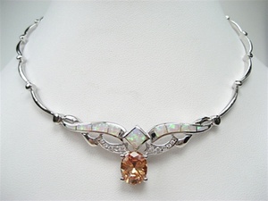 Silver Necklace w/ Inlay Created Opal & Champagne CZ