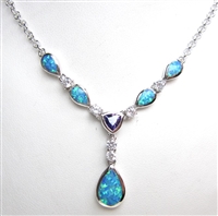 Silver Necklace w/ Inlay Created Opal, Wht & Tanzanite CZ