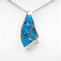 Silver Pendant w/ Inlay Created Opal & White CZ