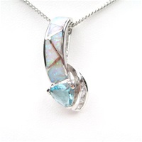 Silver Pendant w/ Created Opal Wht CZ & Blue Topaz